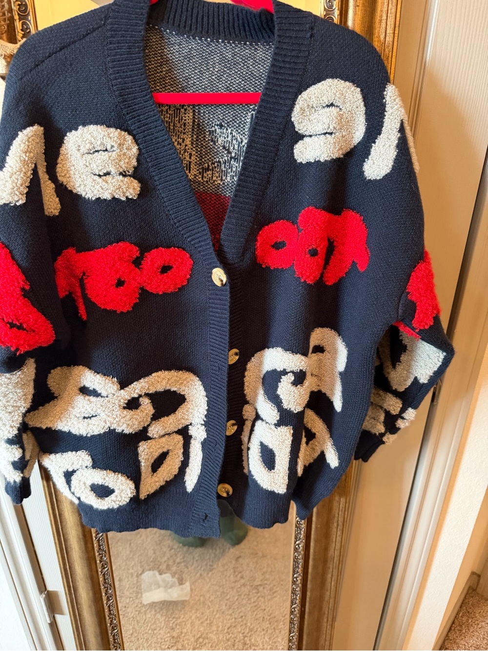SHEIN Black Cardigan with Red & Cream Textured Graphic Motifs